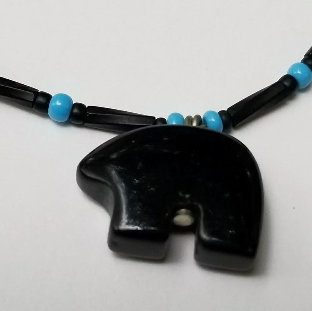 Vintage bear necklace blue glass beads southwestern boho black